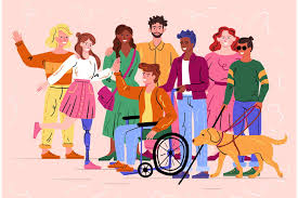 Cartoon image of people, some live with a disability that we can see.